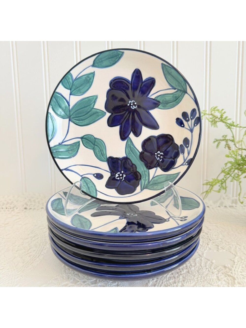 Dash of That "Blue Poppy Collection" 6 Dessert Appetizer Plates 6.5" Stoneware